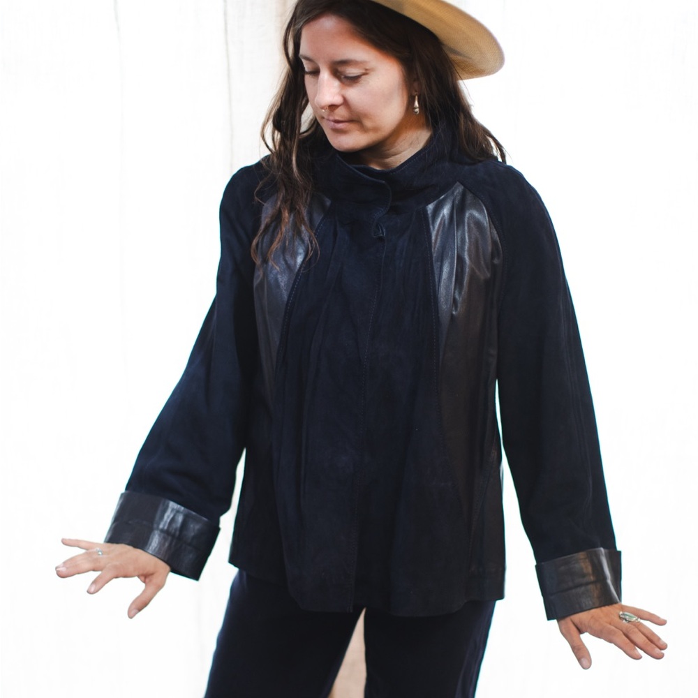 Designer navy blue suede and leather jacket